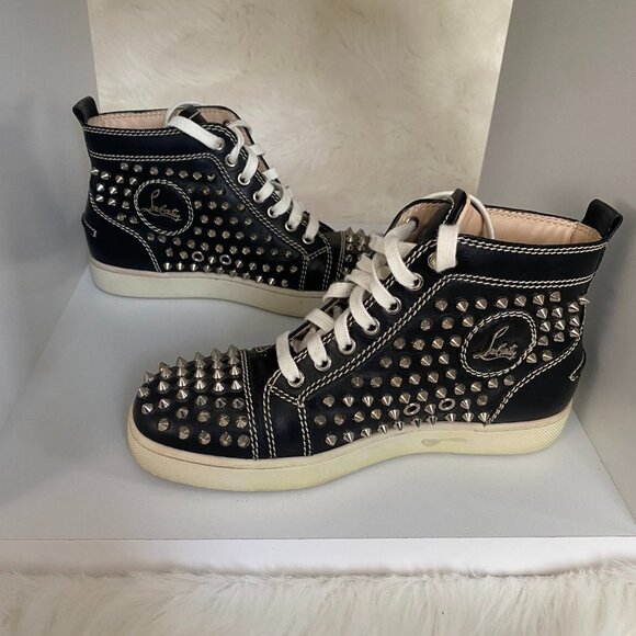 Christian Louboutin Shoes - AUTH Christian Louboutin Black Louis Flat Calf Stud Spike Hi Top Sneakers 37.5